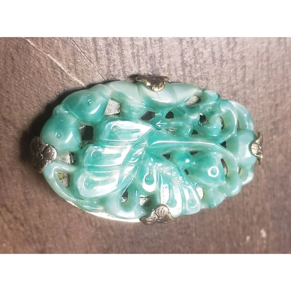 Vintage 1900 - 1920 Art Deco Carved Butterfly Jadeite Jade Silver Tone Brooch - Picture 14 of 14
